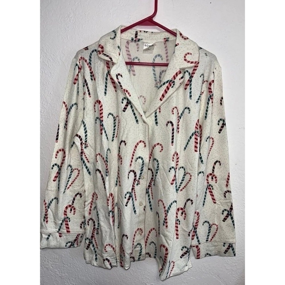 Soma Embraceable Pajama Top Womens Large Candy Cane Ivory Notch Collar 570245134